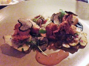 Sweetbreads, shrimp and scallop stuffed squid, sunchoke, truffle, rose vinegar